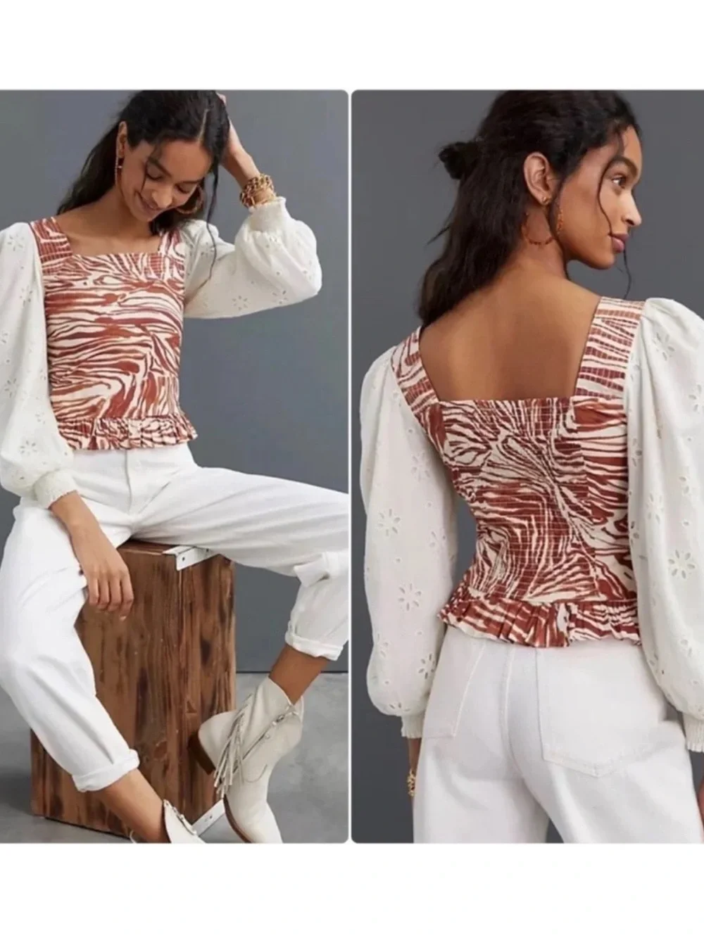 Square Neck Puff Sleeve Top in Rust Zebra Print and Cream, Size Large